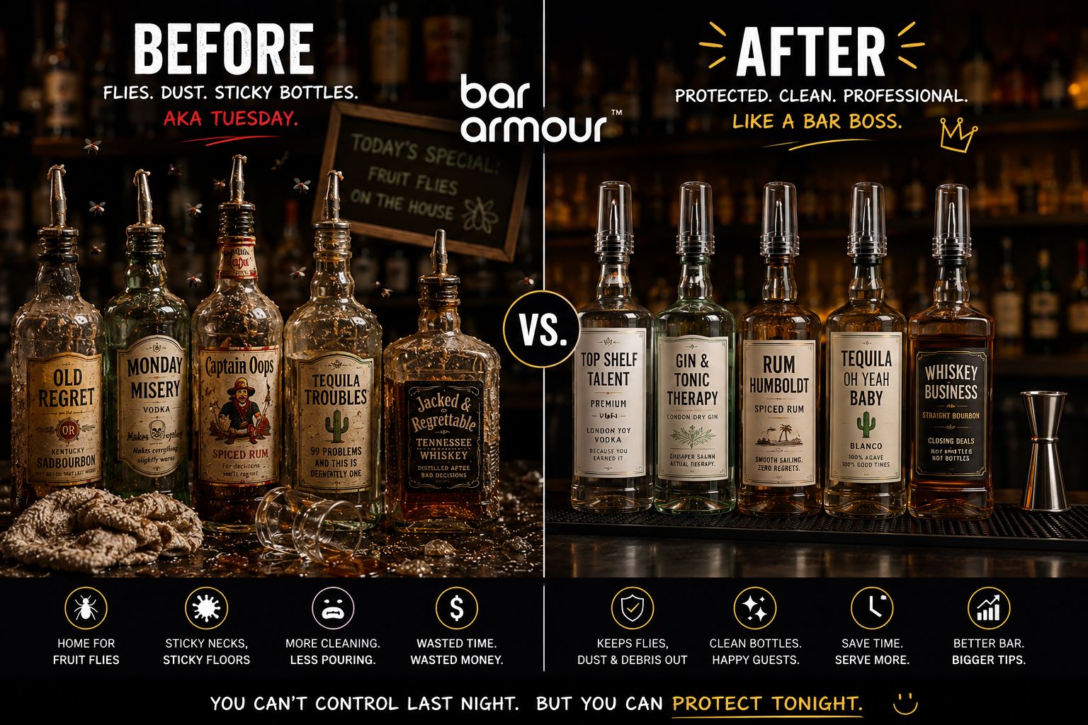 Before and after: uncapped bottles covered in flies and sticky residue versus clean bottles capped with Bar Armour
