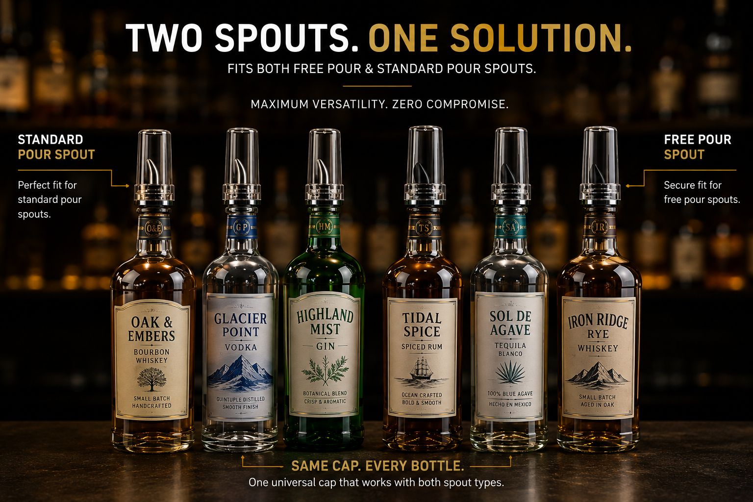 Bar Armour caps fitted over both standard pour and free pour spouts across six bottles
